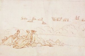 Een picknick: twee dames en een heer door Hubert Francois Gravelot